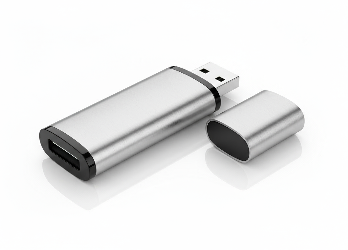 Metallic USB flash drive on a white background